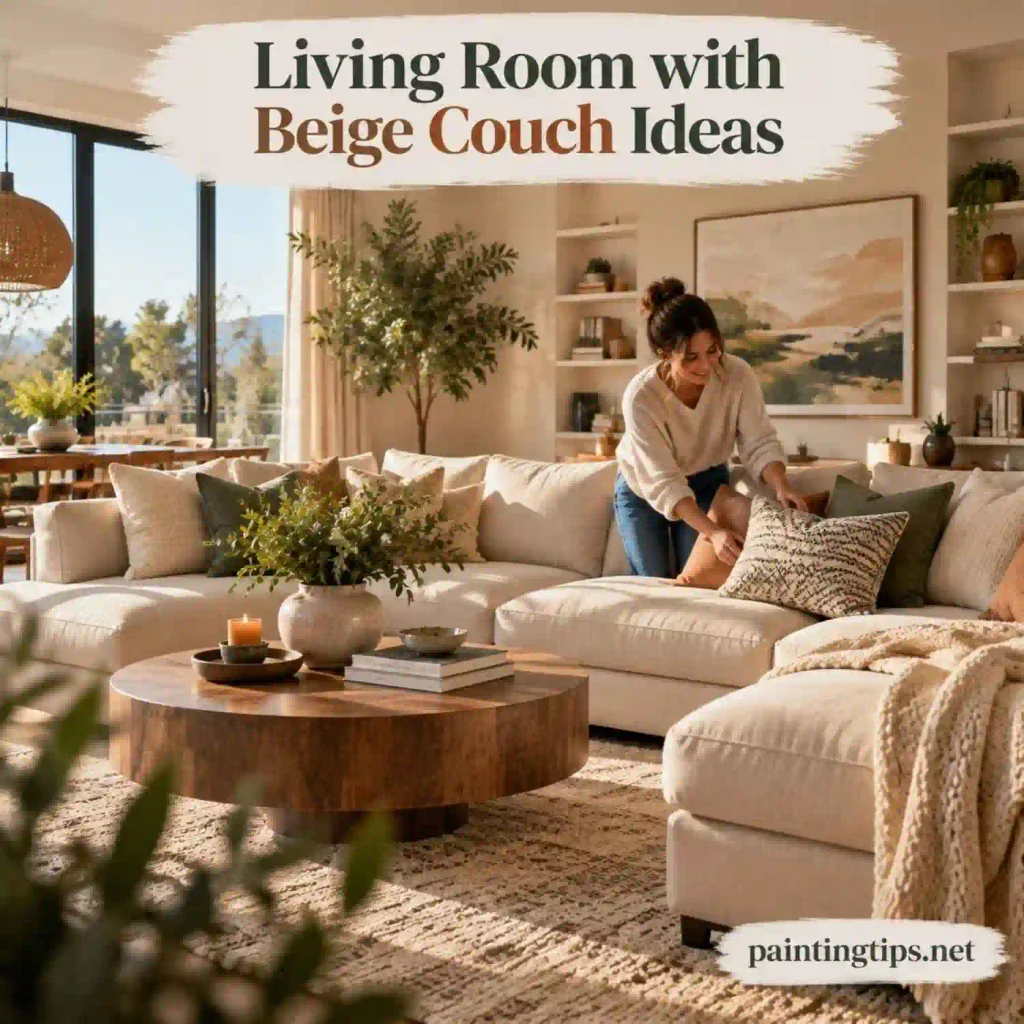 Living room with beige sectional couch and warm decor.