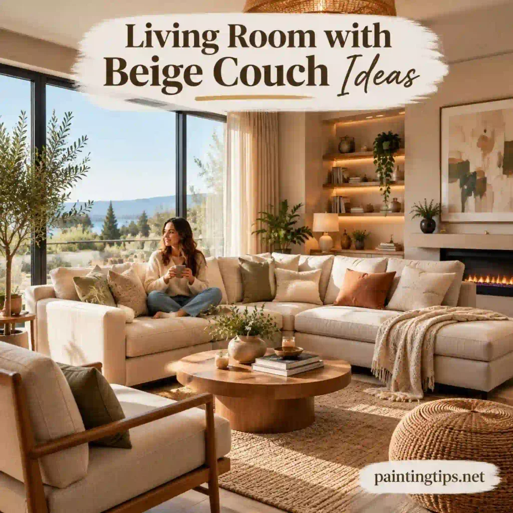 Living room with beige couch and woman relaxing.
