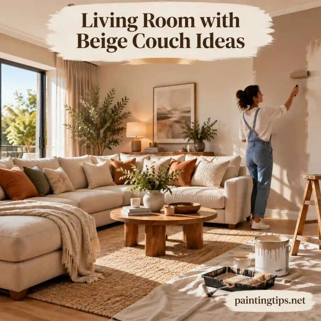 Living room with beige couch and woman painting wall.