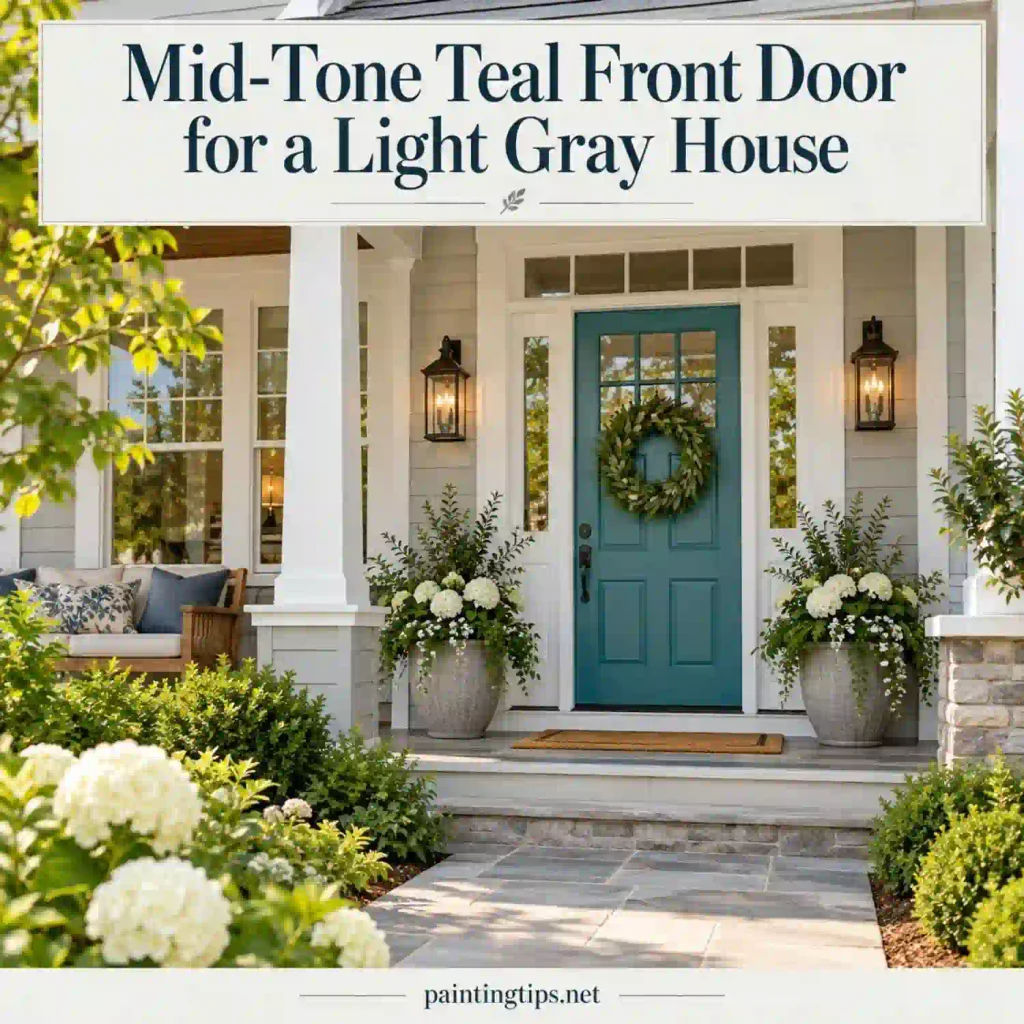 Mid-tone teal front door on a light gray house.