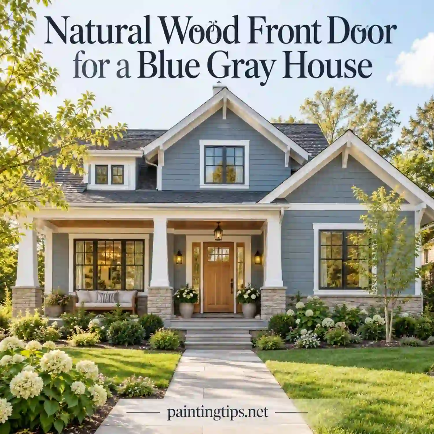 Natural wood front door on a blue gray house.