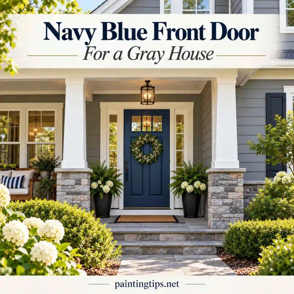 Navy blue fron door for gray house.