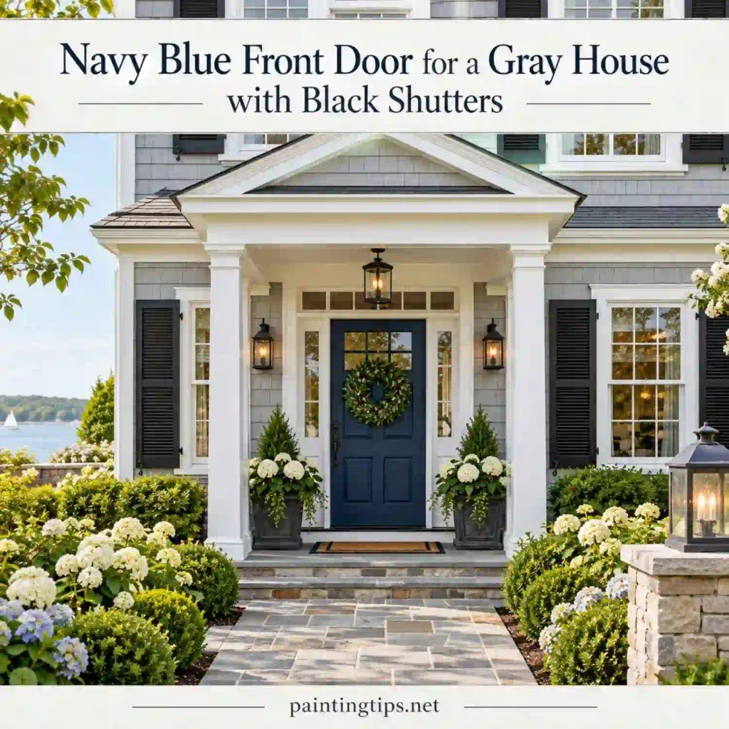 Navy blue front door for gray house with black shutters.