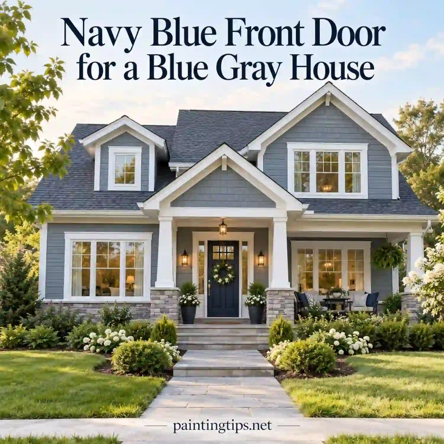 Navy blue front door on a blue gray house.