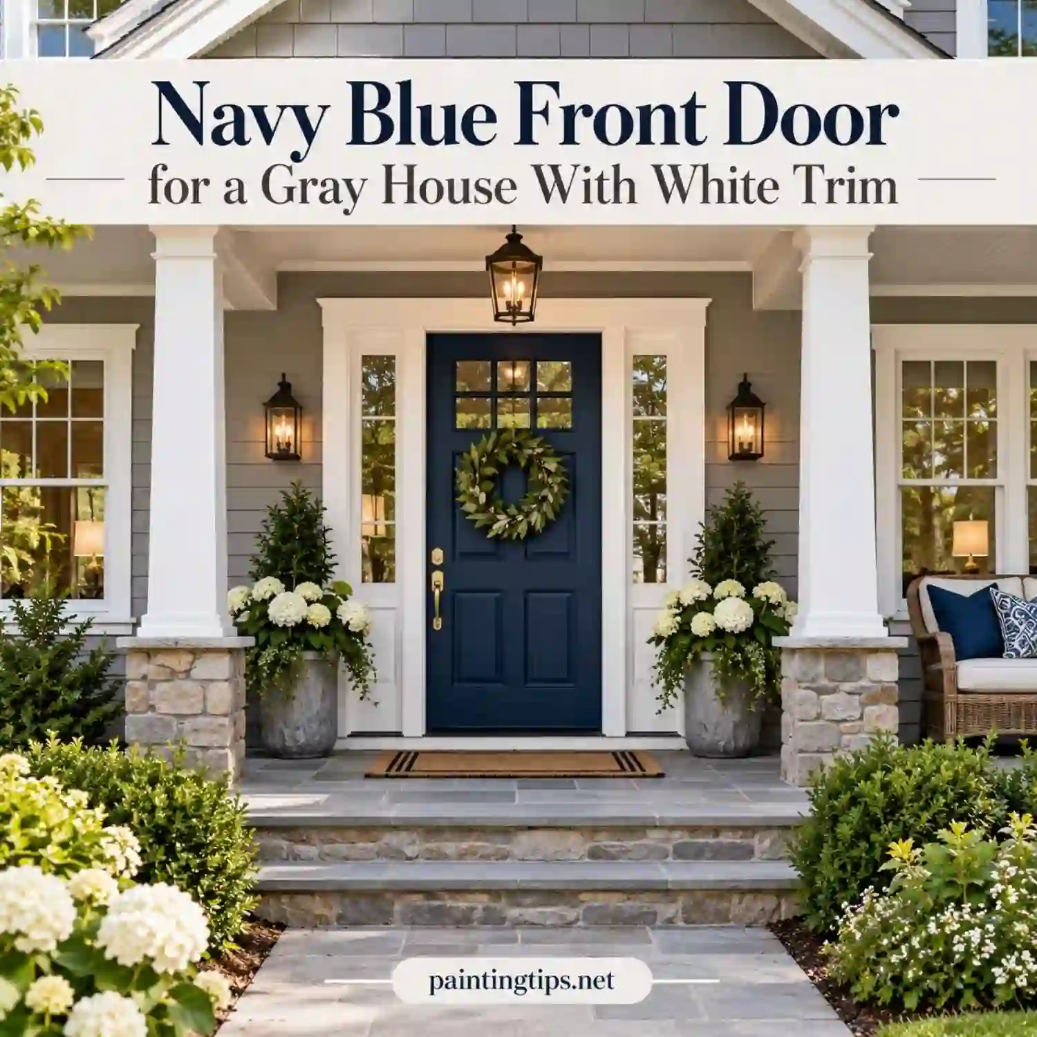 Navy blue front door on a gray house with white trim.