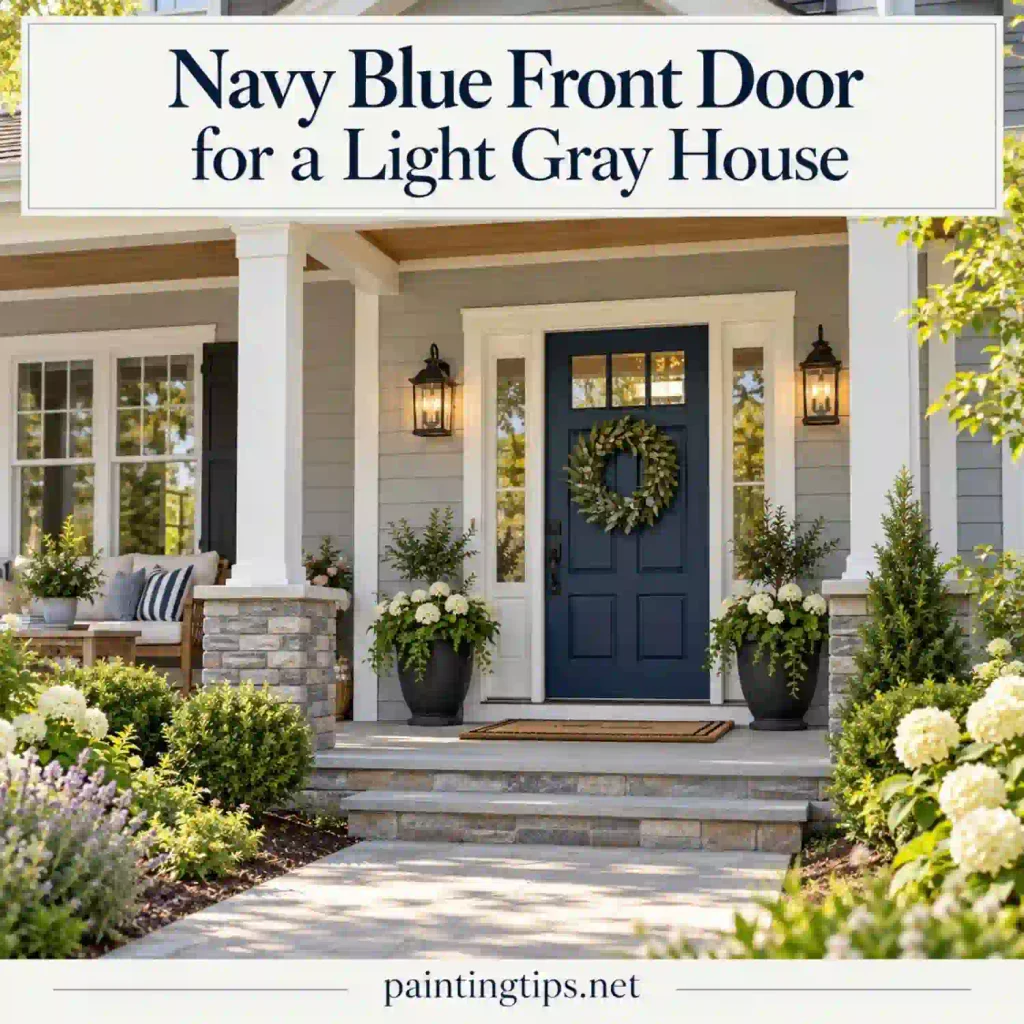 Navy blue front door on a light gray house.
