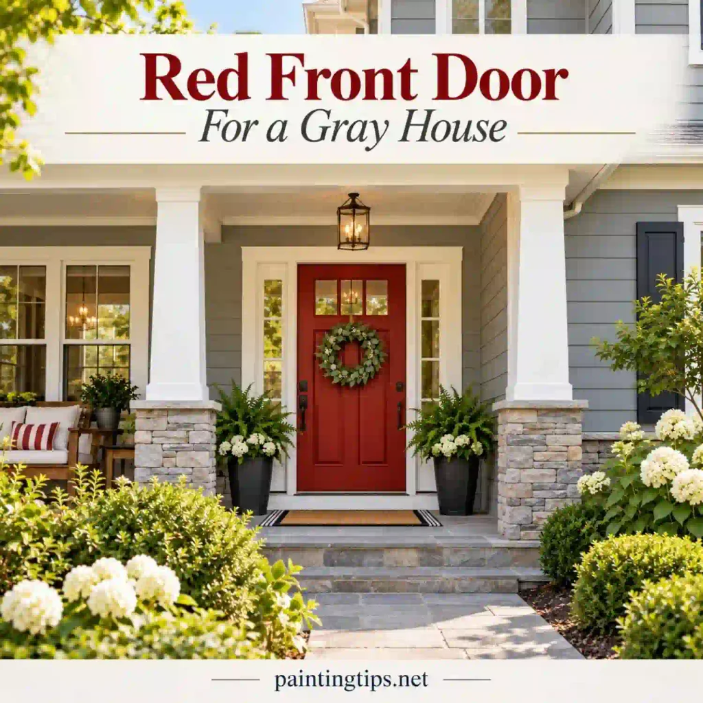 Red front door for gray house.
