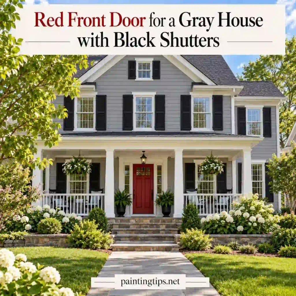 Red front door for gray house with black shutters.