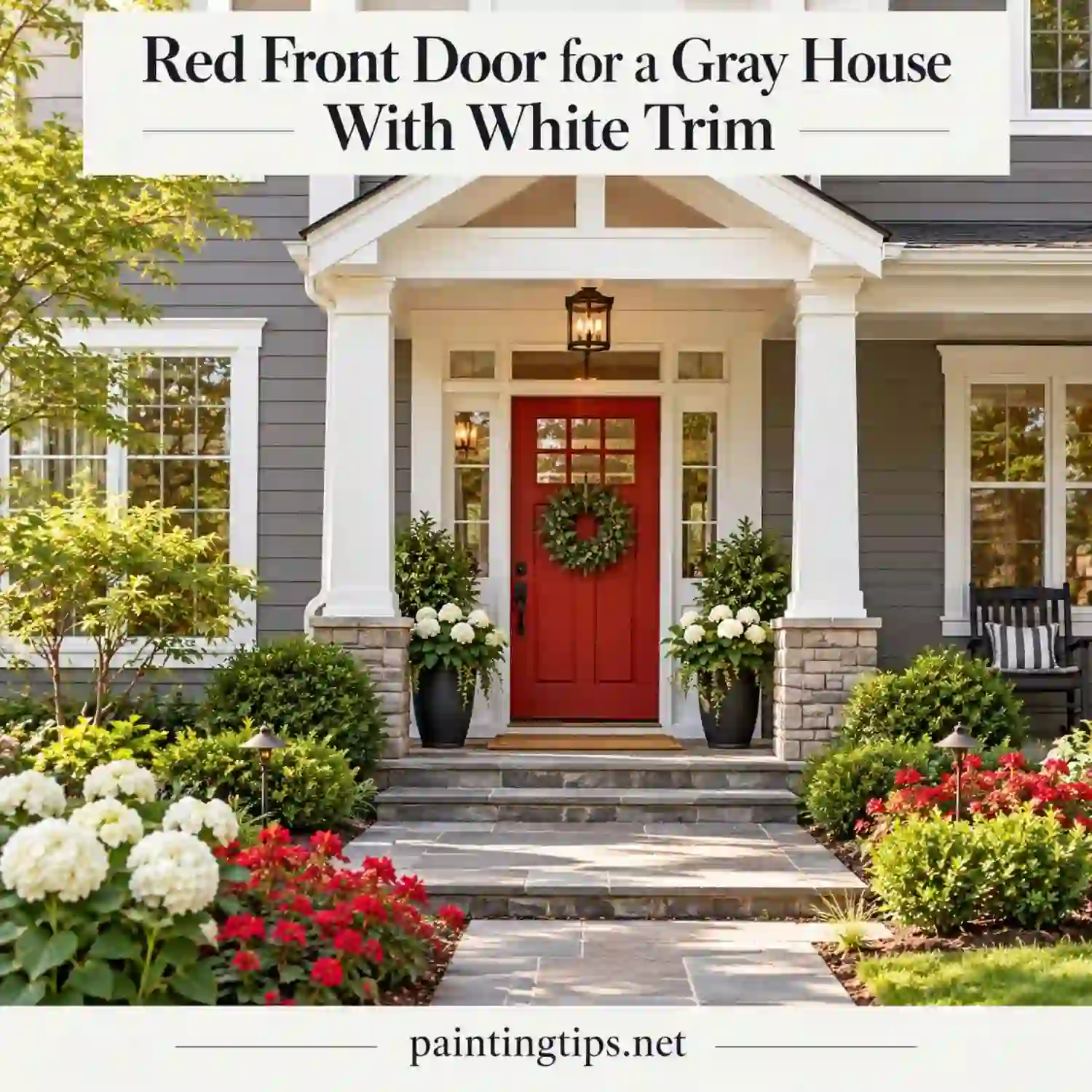 Red front door on a gray house with white trim.