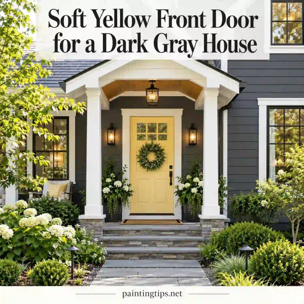 Soft yellow front door on a dark gray house.