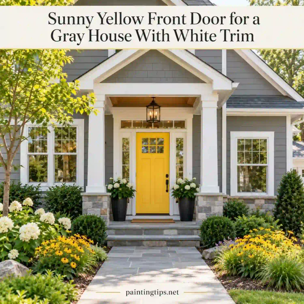 Yellow yellow front door on a gray house with white trim.