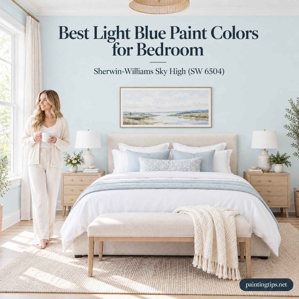 Sherwin-Williams Sky High (SW 6504) – Light Blue Paint Colors for Bedroom with soft blue walls, white bedding, and light oak furniture.