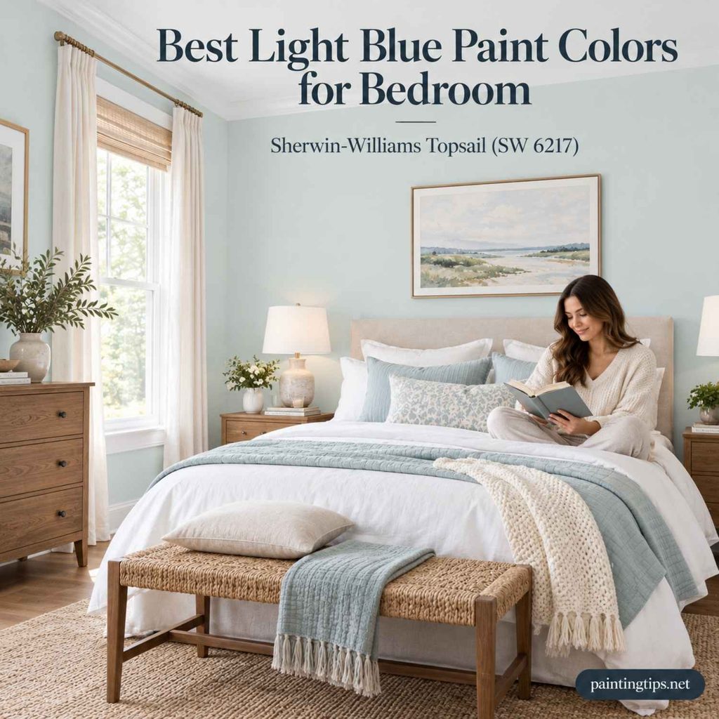 Sherwin-Williams Topsail (SW 6217) – Light Blue Paint Colors for Bedroom with pale blue-green walls, warm wood furniture, and cozy neutral decor.