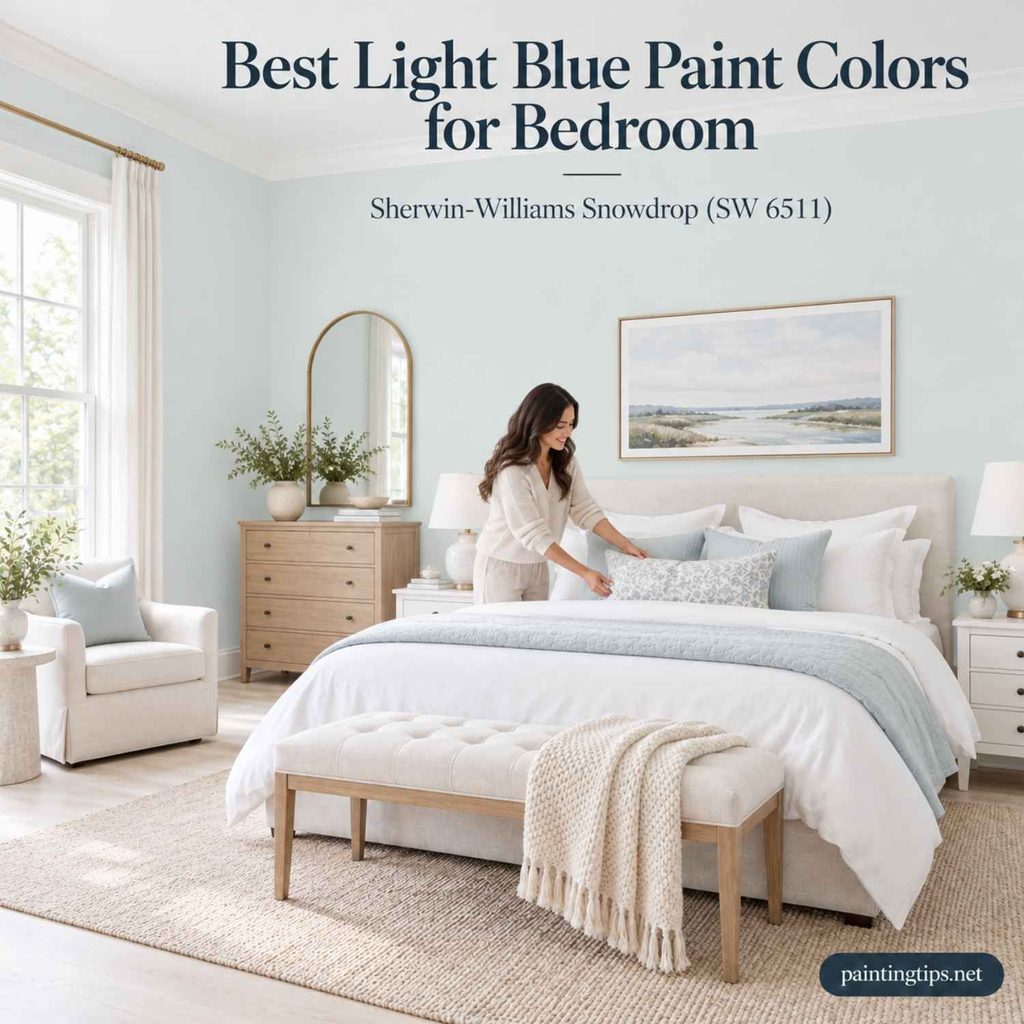 Sherwin-Williams Snowdrop (SW 6511) – Light Blue Paint Colors for Bedroom with airy blue walls, white furniture, and soft natural textures.