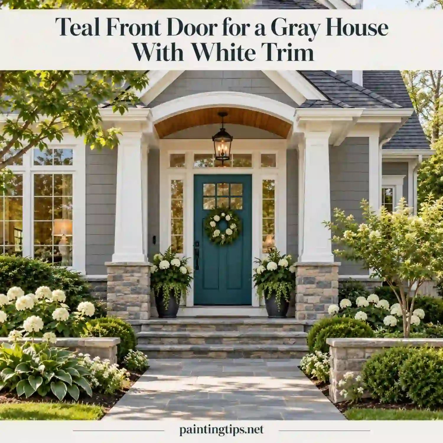 Teal front door on a gray house with white trim.