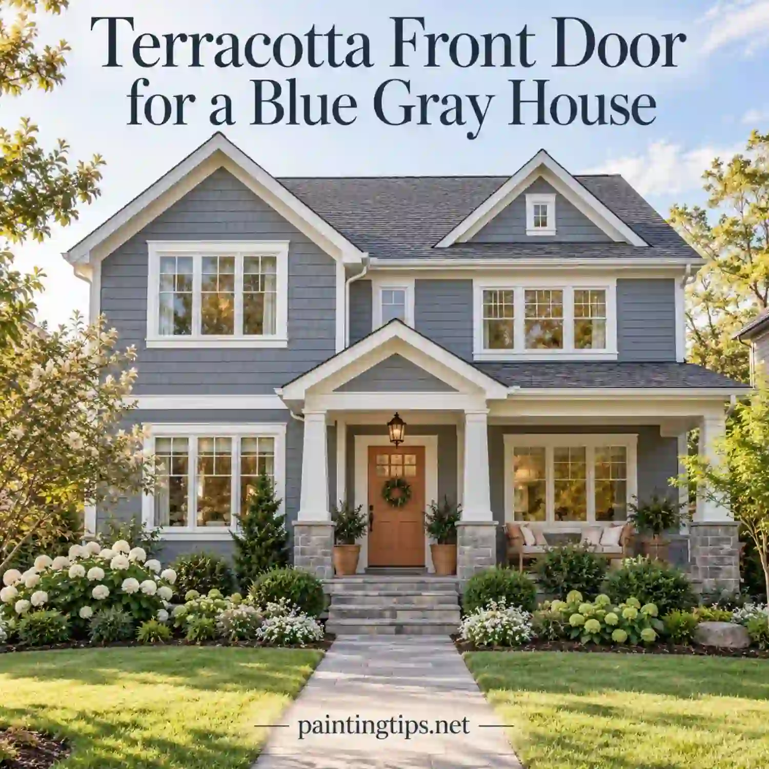 Terracotta front door on a blue gray house.