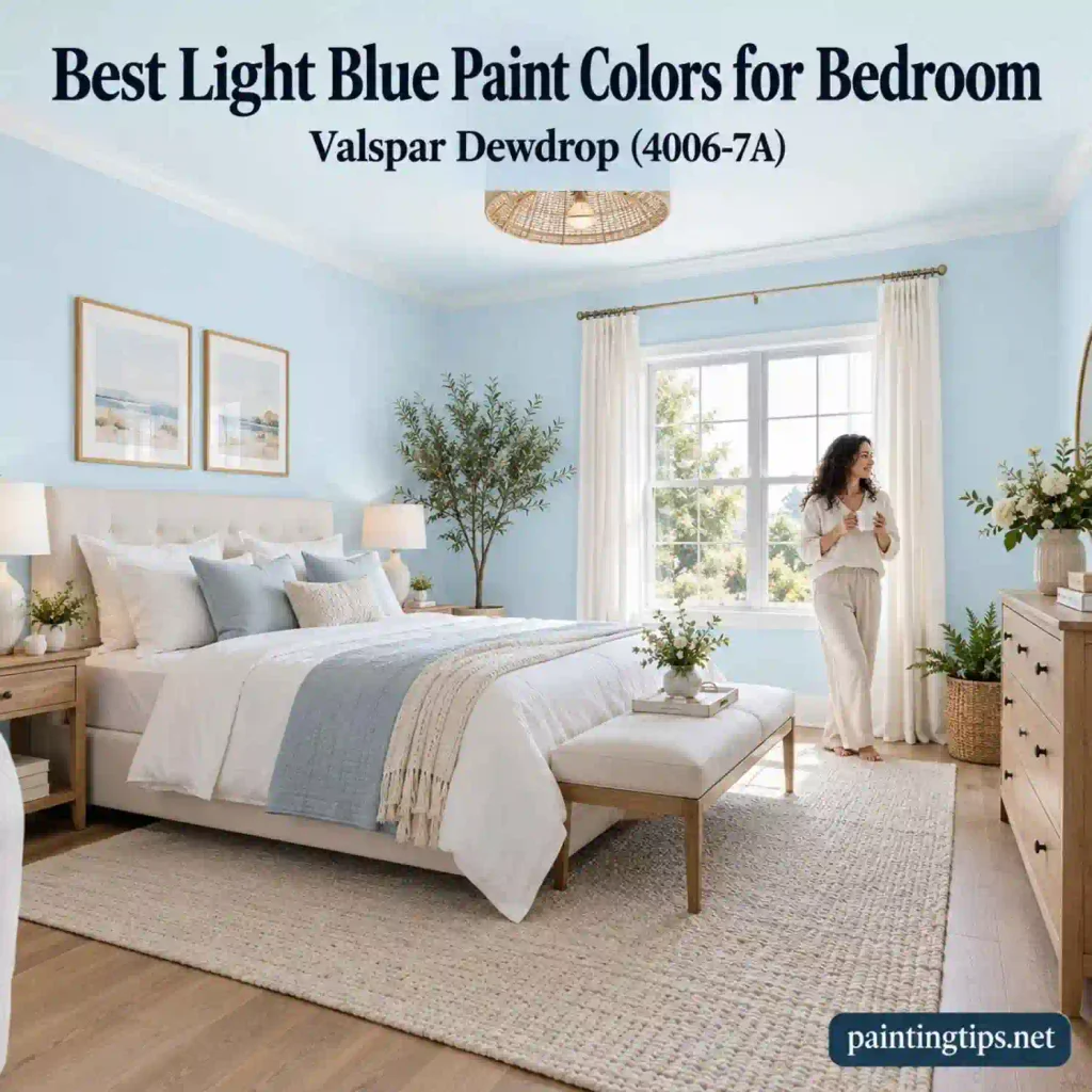 Valspar Dewdrop (4006-7A) – Light Blue Paint Colors for Bedroom with soft pastel blue walls, white bedding, and natural wood furniture.