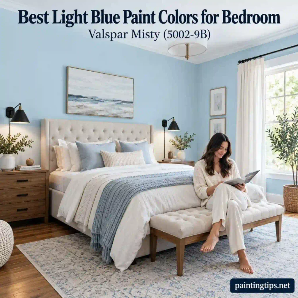 Valspar Misty (5002-9B) – Light Blue Paint Colors for Bedroom with airy blue walls, warm wood accents, and cozy neutral decor.