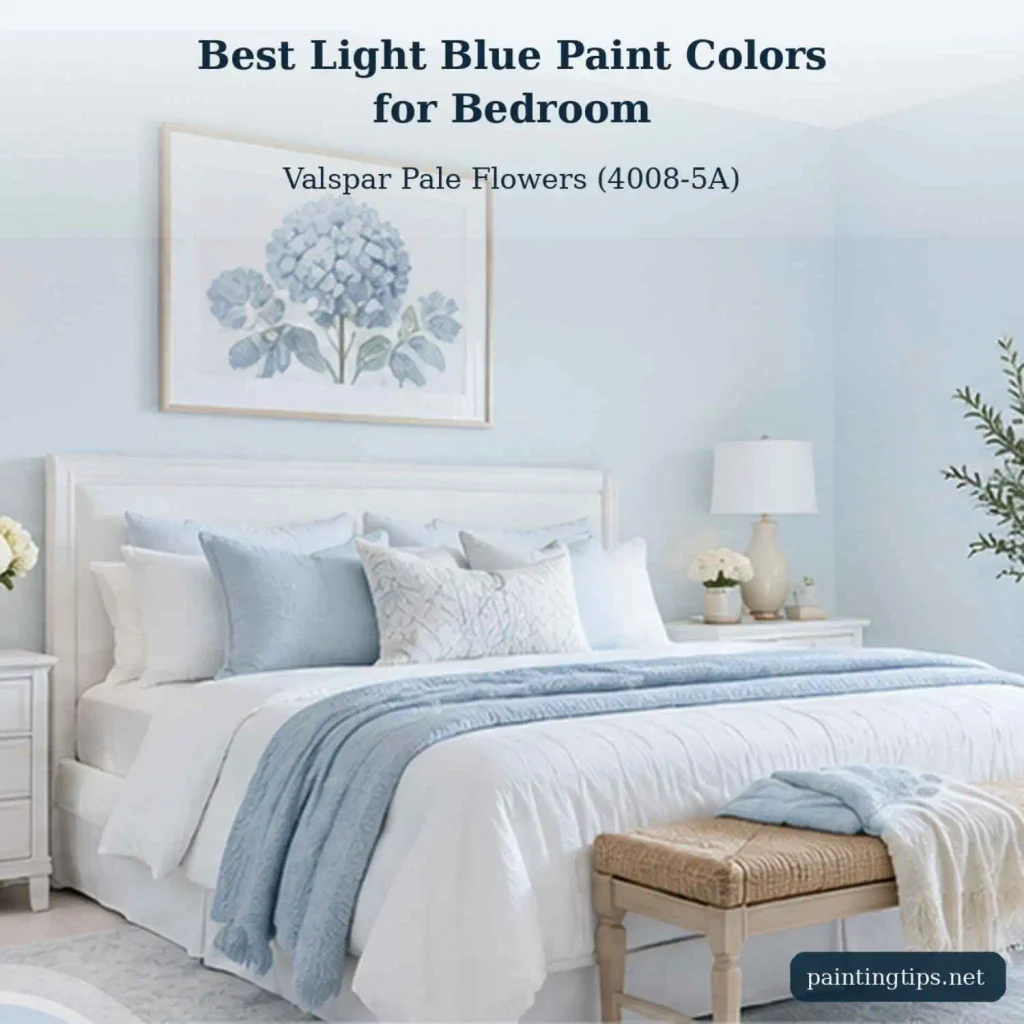 Valspar Pale Flowers (4008-5A) – Light Blue Paint Colors for Bedroom with pale blue-gray walls, elegant white furniture, and soft natural textures.