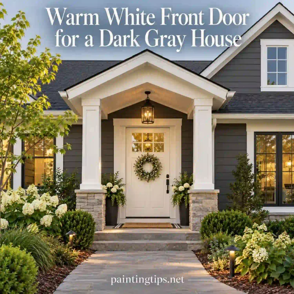 Warm white front door on a dark gray house.