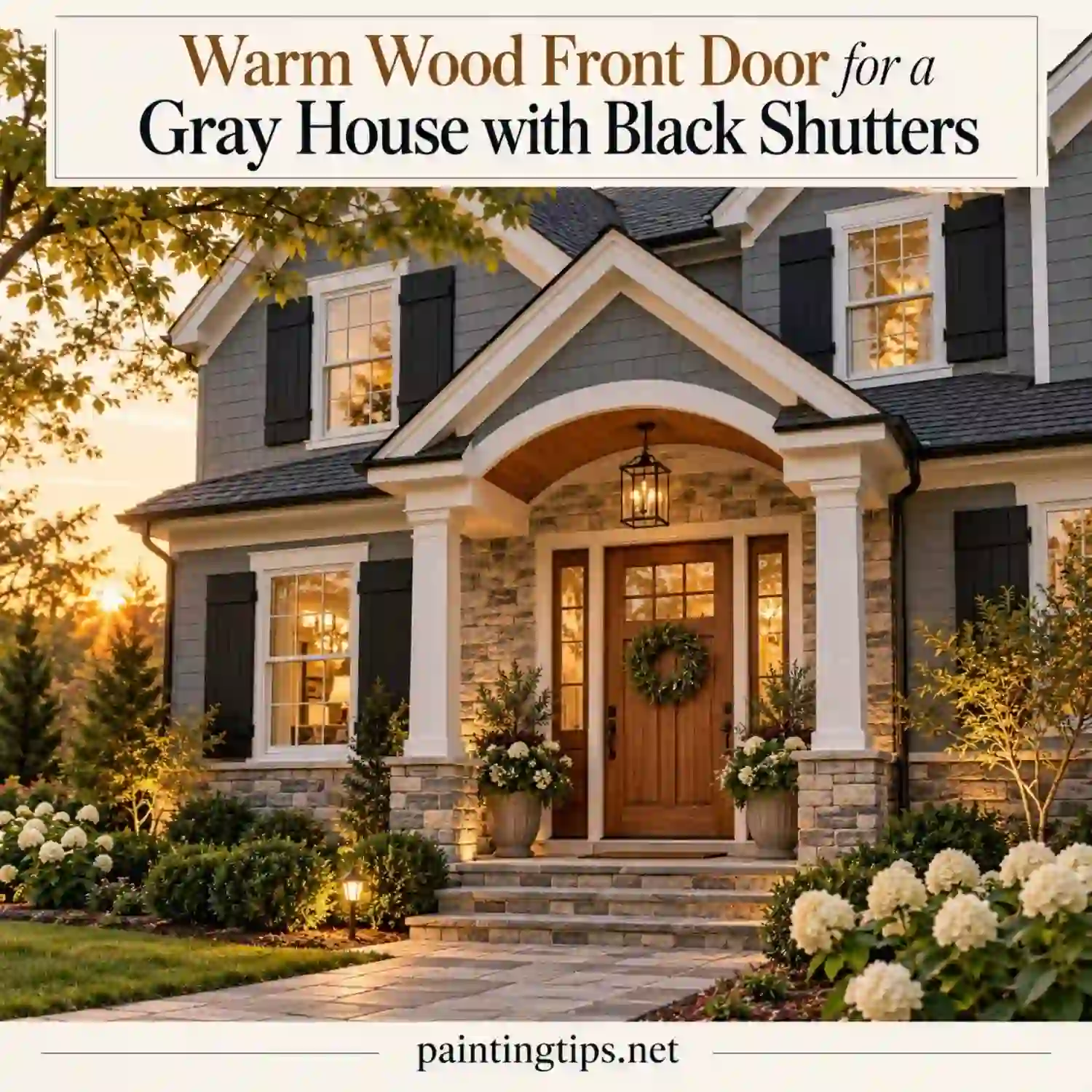 Warm wood front door for gray house with black shutters.