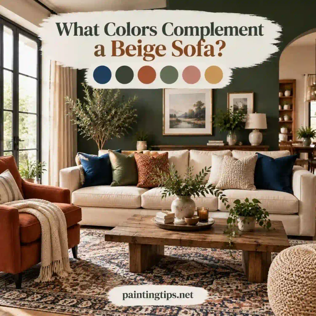 What Colors Complement a Beige Sofa? Navy and green accents.