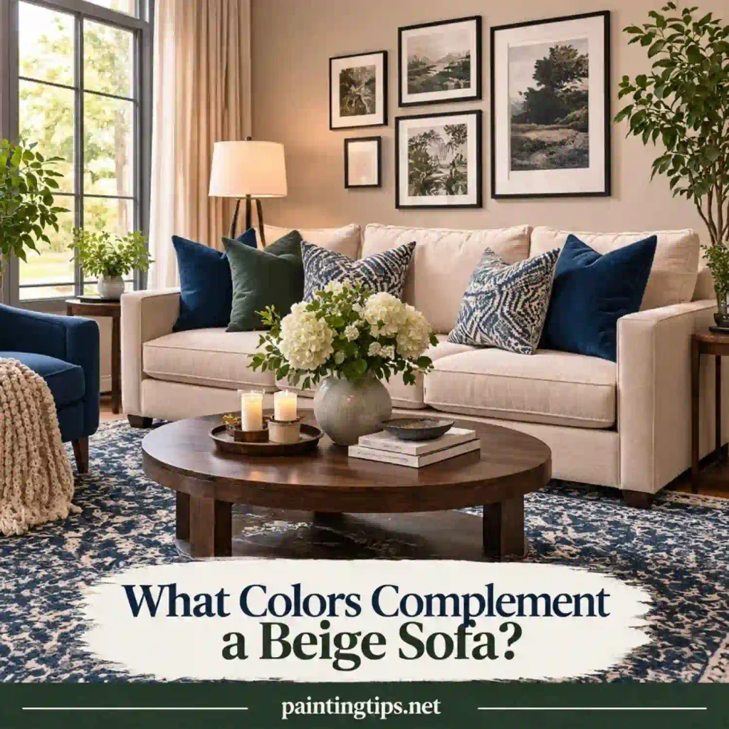 What Colors Complement a Beige Sofa? Olive and mustard decor.