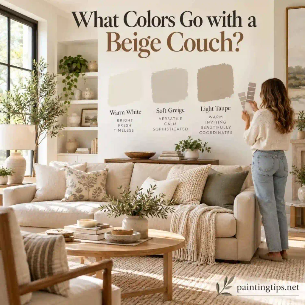 What Colors Go with a Beige Couch? Warm white and taupe walls.
