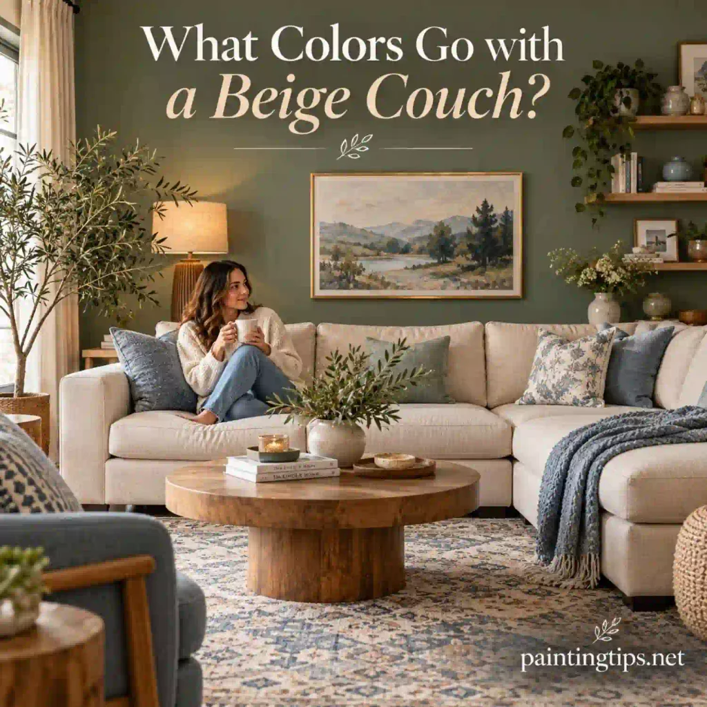 What Colors Go with a Beige Couch? Sage green living room.
