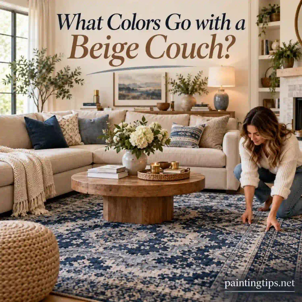 What Colors Go with a Beige Couch? Navy blue rug and pillows.
