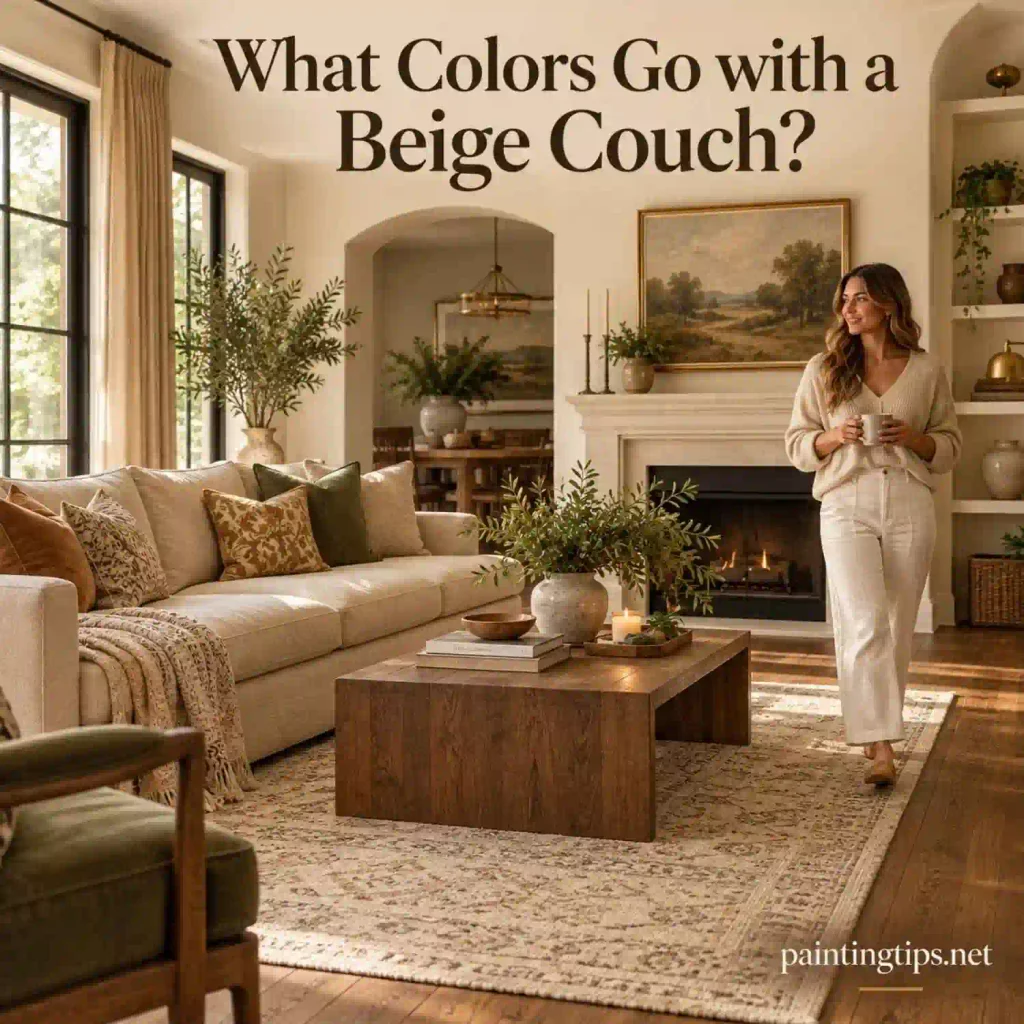 What Colors Go with a Beige Couch? Warm neutral living room.