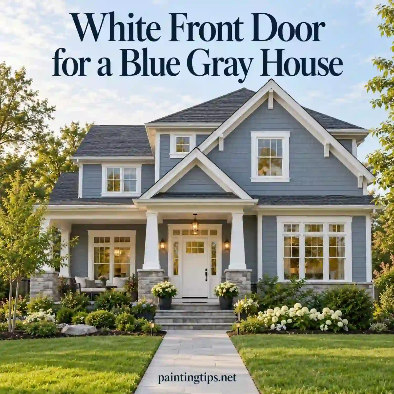 Terracotta front door on a blue gray house.