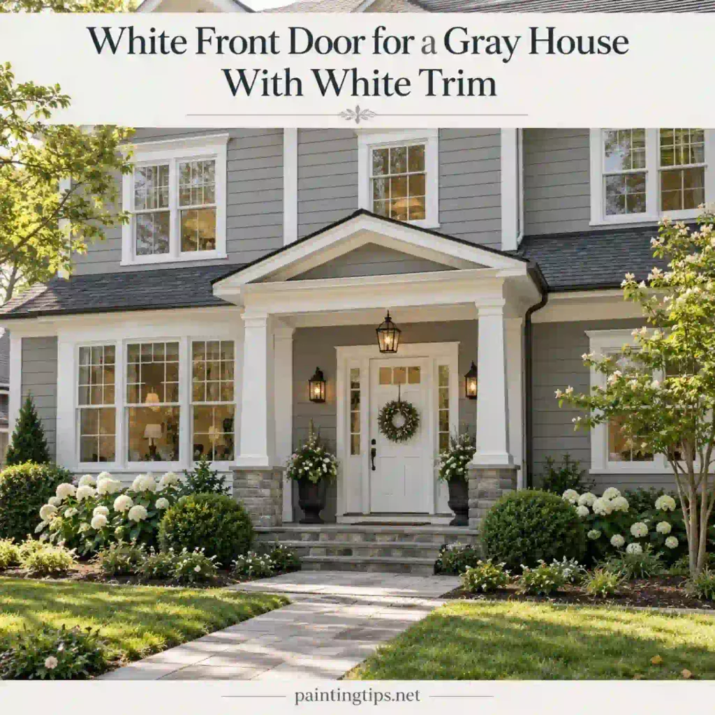 White front door on a gray house with white trim.
